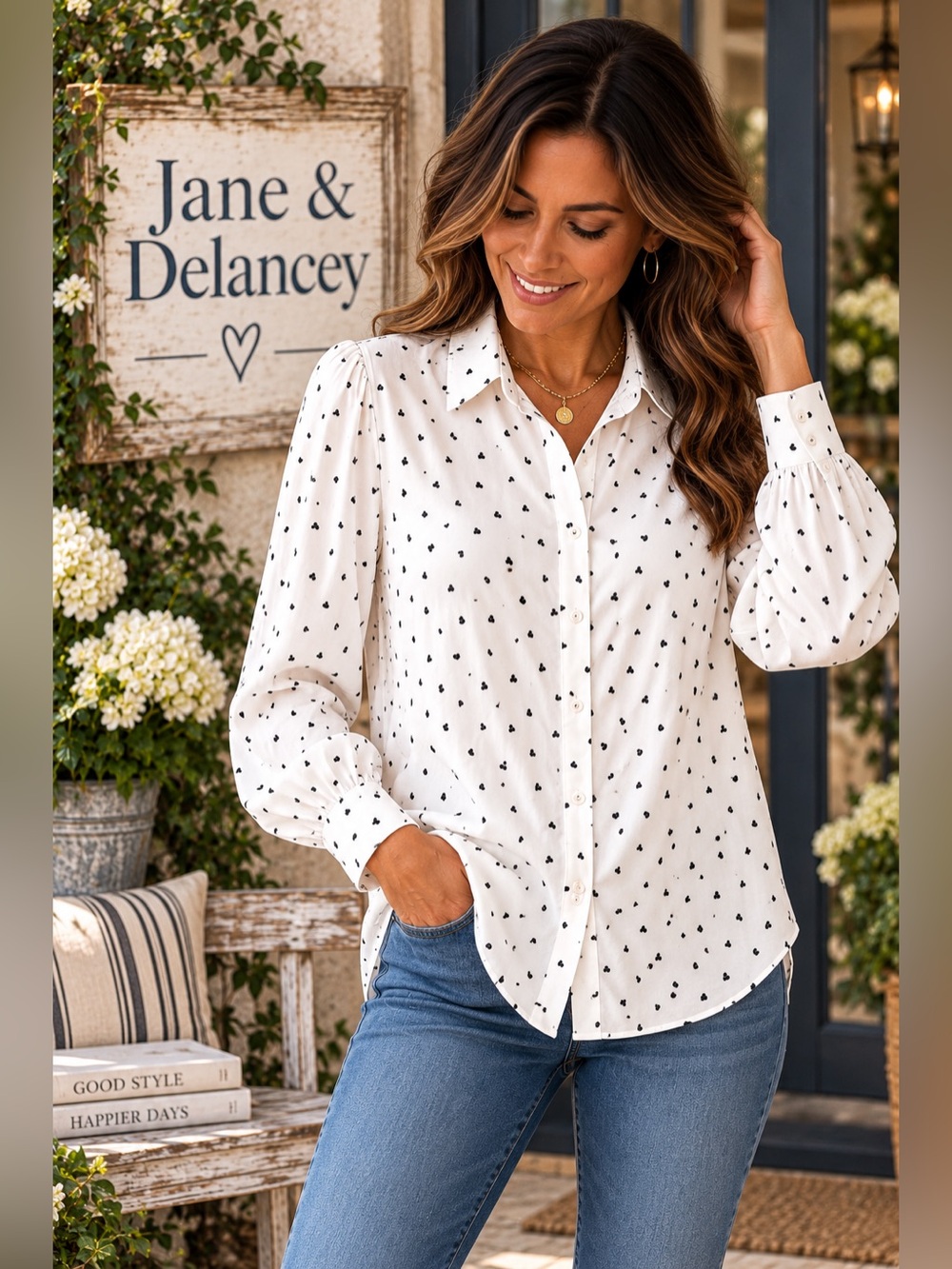 Jane and Delancy Heart Print Button Front Blouse White Puff Sleeve Romantic Size